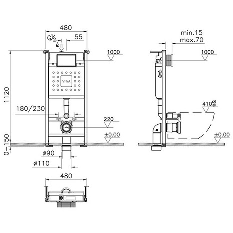 VitrA V-Fix Core WH 12cm 3/6L WC Frame & Cistern