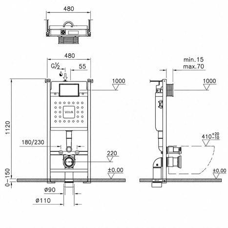 VitrA V-Fix Core WH 12cm 3/6L WC Frame & Cistern