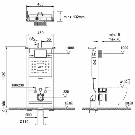 Vitra Concealed Cistern WC Frame for wall hung Toilets with OBLONG style loop square dual flush plate