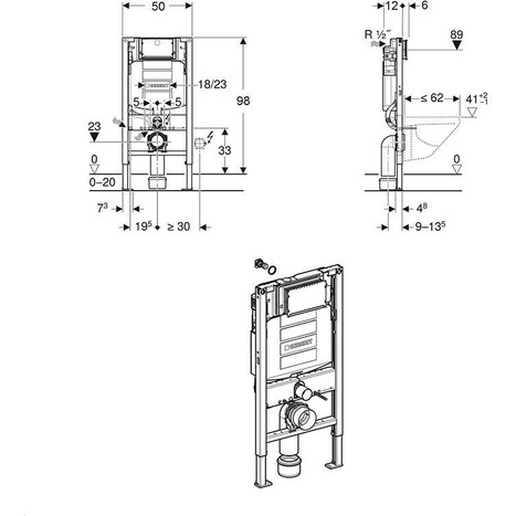 Geberit Duofix Element 98cm WC Frame with Sigma 12cm Cistern - 111.911.00.6