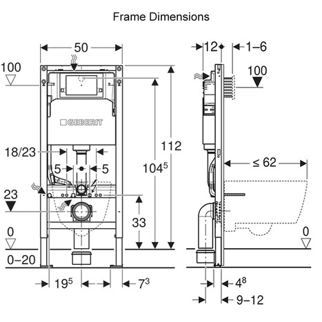Geberit Duofix 1120mm Wall Hung WC Frame, 6/3L Concealed Cistern, with chrome flush plate