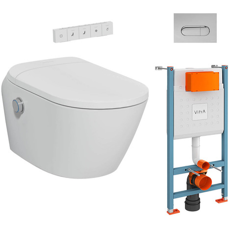 VitrA V-Care Ultra Smart Wall-Hung Bidet Toilet with Frame and Flush Plate Bundle