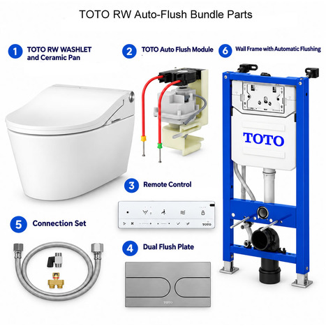 Complete set: Toto RW Washlet + Toto wall frame with Automatic Flush + Flush Plate and connection kit