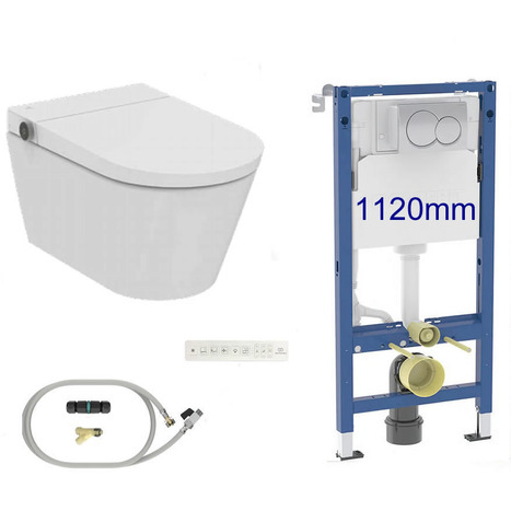Complete set: Ideal Standard i.life E Wall-Hung Shower Toilet + Wall Frame, Flush Plate and connection kit