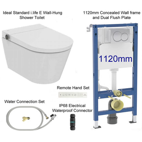 Complete set: Ideal Standard i.life E Wall-Hung Shower Toilet + Wall Frame, Flush Plate and connection kit