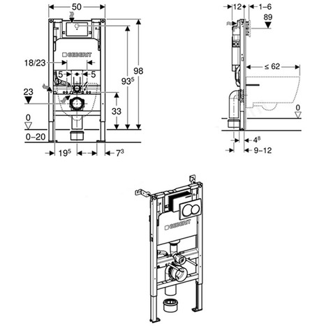 Geberit Alpha 98cm Frame & Cistern; plus Chrome Round Flush Plate 458.038.21.2