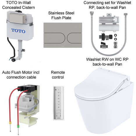 Complete set: Toto Floor Standing RW Washlet + Toto In-Wall Cistern with Automatic Flush + Flush Plate and connection set