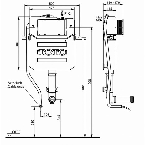 Complete set: Toto Floor Standing RW Washlet + Toto In-Wall Cistern with Automatic Flush + Flush Plate and connection set