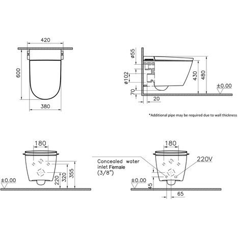 VitrA V-care 3 Prime Wall Hung Smart Shower Toilet: Complete Installation Package