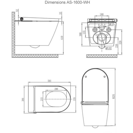 AS-1600-WH Matt Black wall hung Smart Bidet Shower toilet
