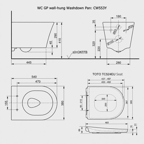 Complete Set: TOTO GP Wall-Hung WC with Seat, Concealed Wall Frame and Dual Flush Plate