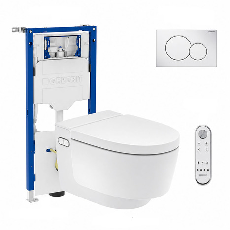 Complete set: Geberit AquaClean Mera Comfort Shower Toilet  + Wall frame. Air Purtfication + Flush Plate and connections