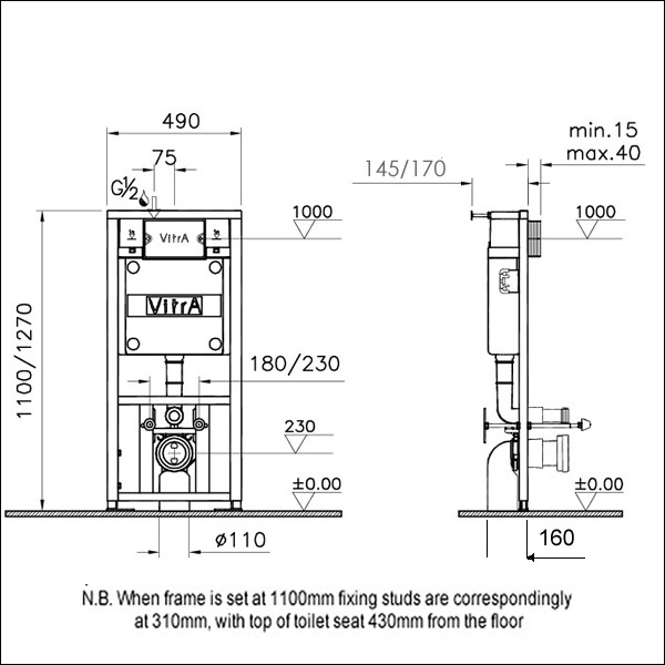Vitra Concealed Cistern WC Frame for wall hung Toilets with OVAL style