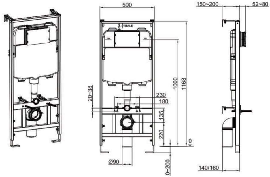 White Contactless Flush Wall Frame For Wall Hung Toilets